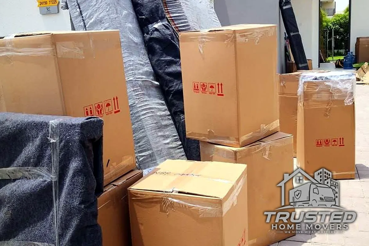 Labelled boxes packed and ready for an international move from the UAE