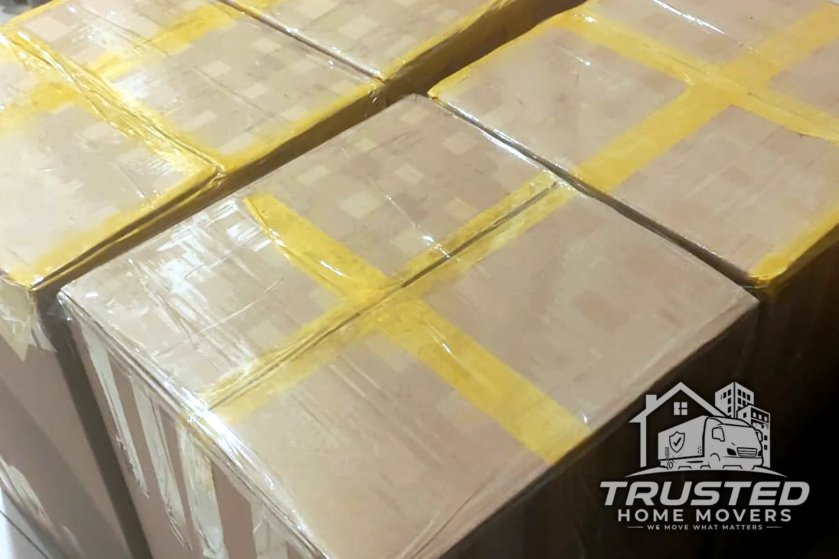 Securely taped and stacked boxes ready for storage in the UAE
